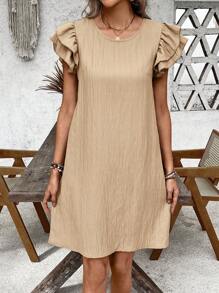 EMERY ROSE Women's Solid Color Ruffle Sleeve Round Neck Casual Loose Mid-Length Dress