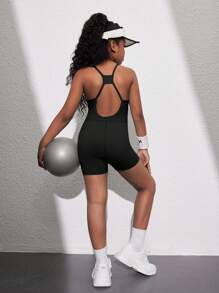 SHEIN Tween Girl Fitted Hollow Back Sleeveless Sports Top - Black - View 3