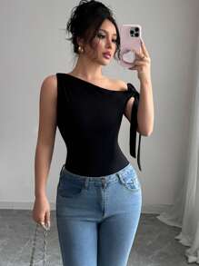 Elenzga Camiseta entallada de unicolor y cuello asimétrico elegante para mujer, para el verano - Negro - Ver 3