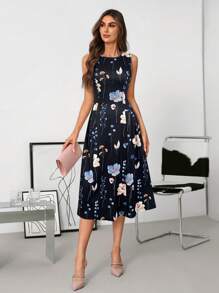 SHEIN Clasi Women's Elegant Black Floral Print Midi Dress With Round Neck And Short Sleeves