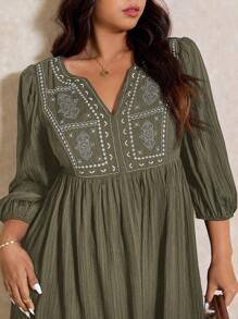 Elaquor Plus Size Long Sleeve Dress, Fashionable For Summer Spring - Army Green - View 5
