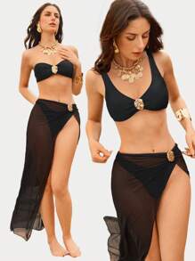 Swim Oasis Women Solid Color Bikini Set With Mini Skirt For Summer Beach Vacation - Black - View 1