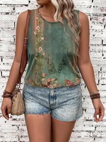 EMERY ROSE Plus Size Floral Print Camisole And Tank Top, Vacation Style Suitable For Going Out,Flower/Spring/Summer - Green - View 4