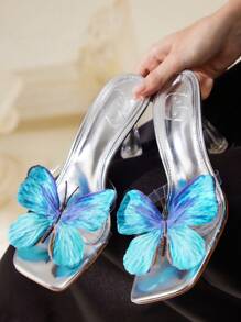 CUCCOO CHICEST Women's Silver Square Toe Transparent PVC Colorful Butterfly Decor Clear High Heel Slide Sandals - Silver - View 5