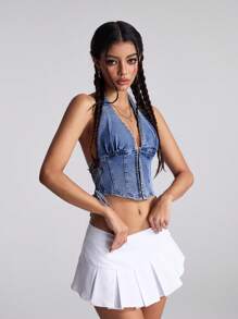SHEIN ICON Women's Blue Denim Halter Top, Long Zippered Corset Style With Lace-Up Sides, Half Sleeves - Blue - View 6