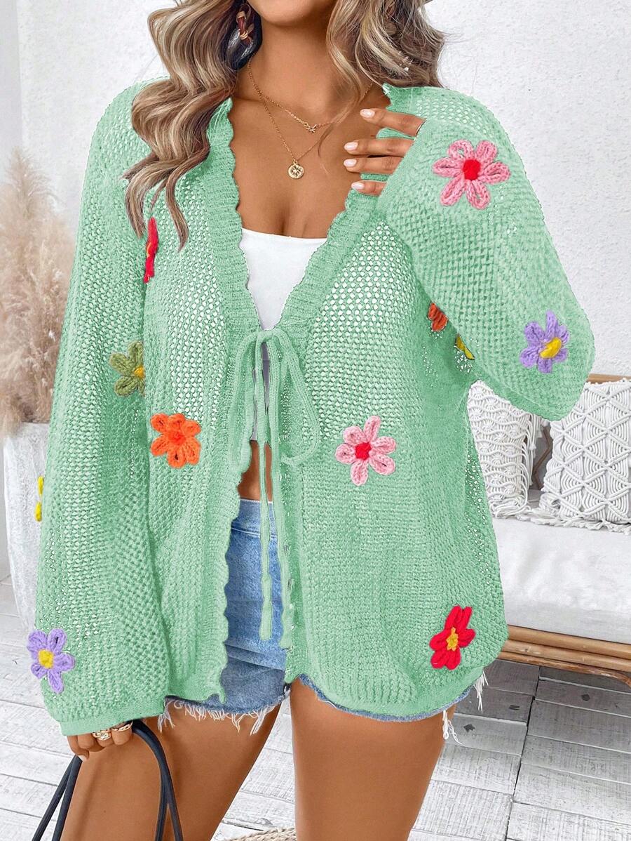 SHEIN Clasi 大码女式纯色针织V领镂空花朵装饰长袖休闲优雅开衫，春夏轻薄披肩 - 綠色 - 查看 1