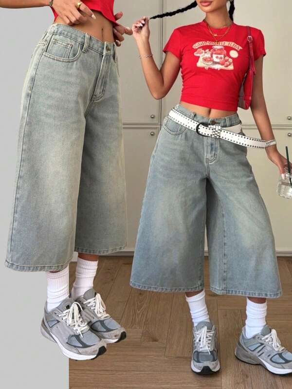 SHEIN Teen Girls Y2K Spring Summer Light Vintage Blue Low Waist Baggy Wide Leg Denim Jeans Pants,Summer Capri Pants,Girls Summer Beach Boho Vacation Baggy Wide Leg Pants Outfits,Summer Brunch Graduation Outfits,Summer Rave Concert Festival Streetwear Outfits