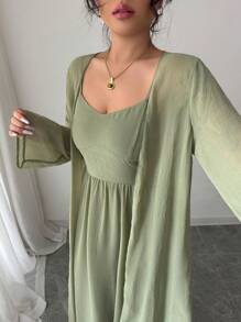 Modelyn 2 件套：优雅法式度假吊带连衣裙配夹克 - 綠色 - 查看 4