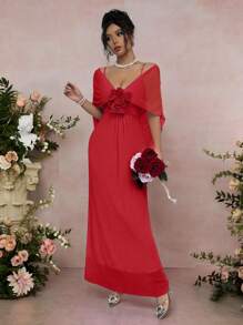 Rafferiza Customized Spring/Summer 3D Floral Sheer Mesh Poncho Feeling Long Dress, Suitable For Wedding, Party, Photo Shooting