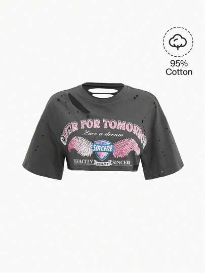 Maglietta corta con grafica logo strappata a spalle scoperte "TIFARE PER DOMANI Avere Un Sogno MIGLIORE SINCERO TENACIA INIZIA SINCERO"