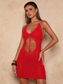 SHEIN BAE Vestido mini de unicolor con espalda abierta y recortes, apropiado para el verano - Rojo - Ver 4