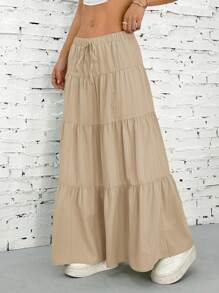 SHEIN EZwear Women's Casual Solid Color Textured Skirt For Summer - Khaki - View 3