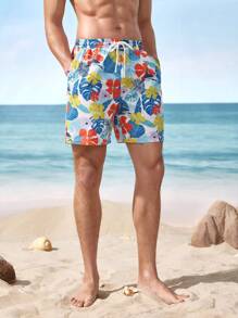 Shark Week X SHEIN Men's Tropical Floral Print Drawstring Waist Beach Shorts, Summer - Multicolor - View 5