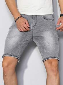 Manfinity Homme Plus Size Men's Fashionable Denim Grey Shorts, Suitable For Summer Going Out Urban Hang Out Work Vacation - Light Grey - View 3