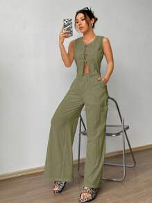 SHEIN EZwear 女式夏季梭织浅军绿色前系带上衣和裤子套装 - 軍綠色 - 查看 4