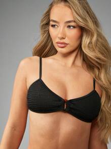 MISSGUIDED Textured Crinkle Bikini Set Swimwear Triangle Top High Cut Bottom Metal Ring Detail Summer Beach Pool Two Piece Bathing Suit Resort Vacation - Brown - View 3