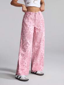 SHEIN PETITE Women's Leopard Print Pocketed Wide Leg Loose Casual Fashion Jeans