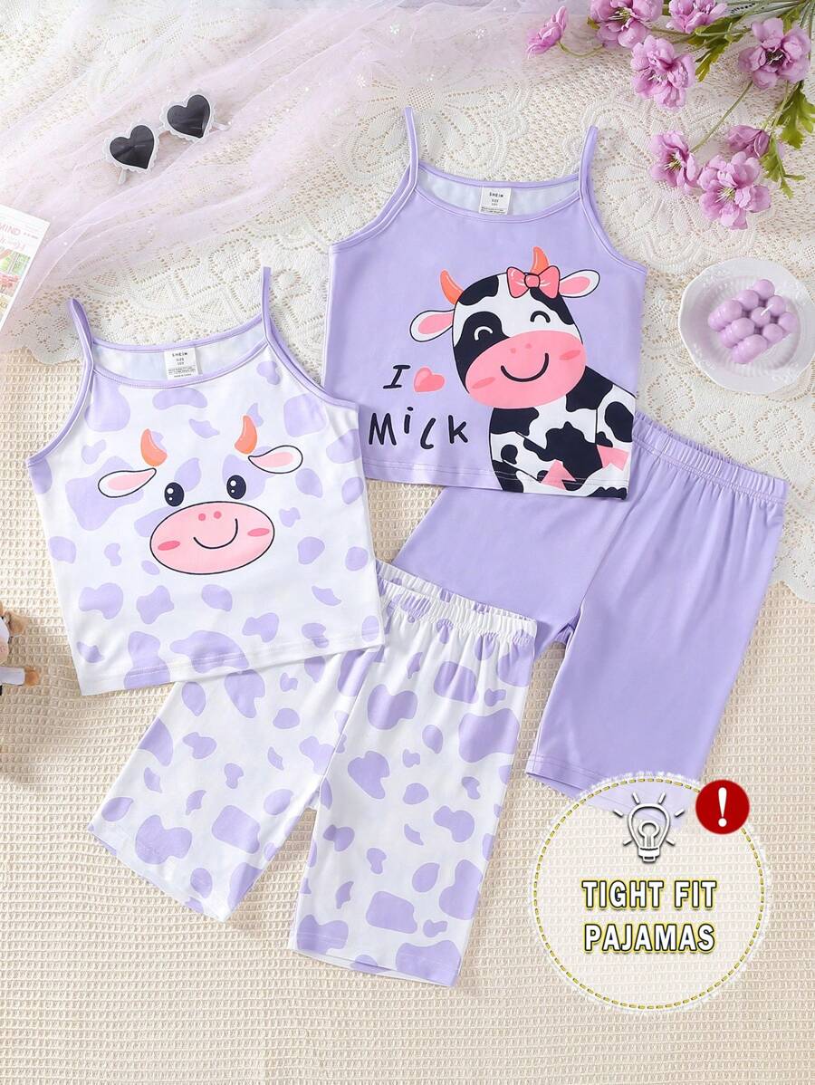 4 件套奶牛图案印花吊带上衣和短裤紧身裤套装，适合青春期女孩的简约可爱家居服