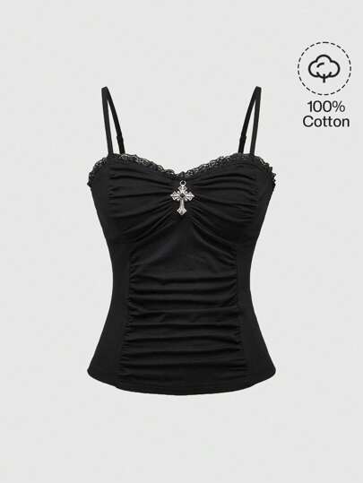 Débardeur ajusté femme avec patchwork en dentelle croix gothique