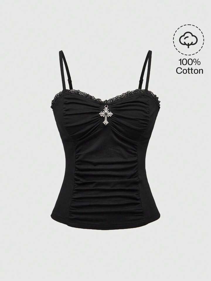 Our Goth Goth Cross Pendant Lace Patchwork Ruched Snug Fit Women Tank Top is such a vibe - ROMWE