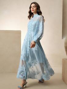 Anewsta Ladies' Mesh Fabric, Heavy Craftsmanship Embroidery, Elegant Long Sleeved Wine Red Button Decoration, Long Dresss Pring - Blue - View 6