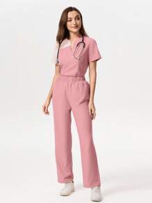 TaskEZ Conjunto de uniforme de pijama médico con parte superior de manga corta con parches de color contrastante y pantalones largos - Rosa - Ver 7