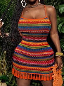 Slaydiva 春夏新款彩色假日U领吊带交叉露背露背修身迷你裙流苏下摆彩色条纹菱形格纹女士迷你连衣裙、吊带裙、夏季女装 - 彩色 - 查看 4