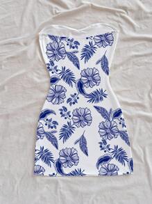 Soleia Women's Casual Blue And White Floral Print Strapless Mini Dress With Rib-Knit Detail And Flared Hem Suitable For Going Out Chic Dress - Blue and White - View 2