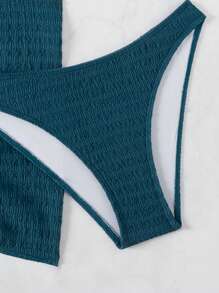 Swim Basics Set de 3 piezas de bikini de mujer con Top tipo halter de unicolor, Bottom en triángulo y falda pareo - Azul Marino - Ver 5