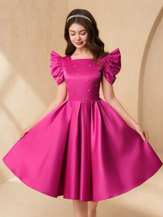 SHEIN 优雅奢华白色珍珠铆钉泡泡袖缎面少女连衣裙