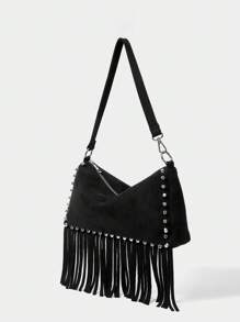 SHECARRY Studded Tassel Punk Style Women Shoulder Bag - Black - View 4