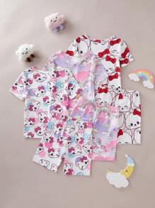 Set de 3 piezas de pijama ajustado con camiseta de manga corta y pantalones cortos con estampados de mariposa, corazón y flor para niñas pequeñas