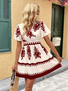 Chiquease Women's Retro Print V-Neck Elegant Summer Dress - Burgundy - View 3