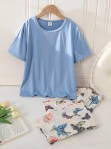 Set Piyama Anak Perempuan Atasan Lengan Pendek Biru dengan Motif Kupu-kupu Warna-warni dan Celana Kasual, Pakaian Rumah yang Nyaman - MultiWarna - View 4