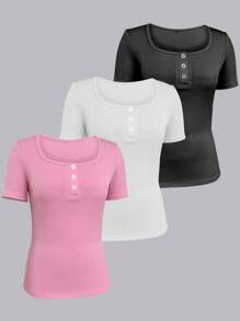 3pcs/Set Teen/Youth Girls' Casual Versatile Simple Ribbed Short Sleeve T-Shirt Set - Multicolor - View 1