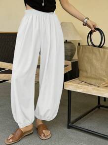 Pantalones holgados y cortos de unicolor tipo farol para mujer, pantalones casuales de verano - Blanco - Ver 3