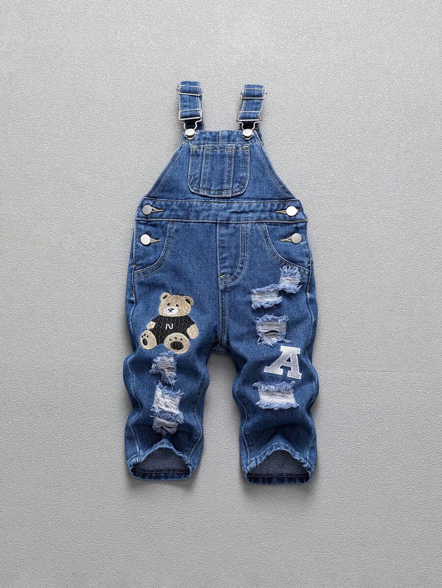 SHEIN Baby/Toddler Boys' Black Bear & Letter Embroidered Distressed Washed Denim Jeans - Medium Wash - View 1