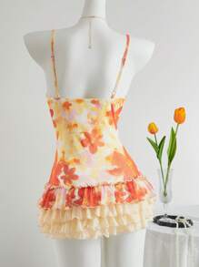 Sweetina Váy mini xếp lớp nơ bèo nhún in hoa - trái cam - Xem 2
