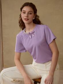 MOTF PREMIUM CAMISETA DE MANGA CORTA CON DETALLE DE PERLA FALSA - Púrpura malva - Ver 4