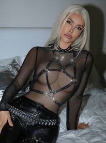 SHEIN 皮革装饰女士性感露背文胸，适合音乐节穿着，女士内衣配饰 - 黑色 - 查看 5