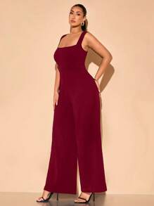 SHEIN BAE Women's Plus Size Black Sleeveless Wide Leg Jumpsuit With Open Button Design, For Spring/Summer Vacation