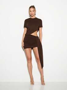 KIZN Cut Out Mini Bodycon Dress Long Drape Detail Party Evening Club Night Out Short Sleeve Asymmetric Draped Statement Outfit Summer Dresses , Women - Brown - View 3