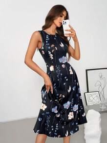 SHEIN Clasi Women's Elegant Black Floral Print Midi Dress With Round Neck And Short Sleeves