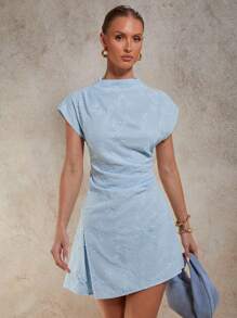 COSMINA Women's Floral Embroidery Stand Collar Batwing Sleeve Ruffle Hem Mini Dress Baby Blue Dress