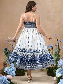 Flirla Plus Size Spaghetti Strap Open Shoulder Tasseled Tie Detail Floral Dress, Sundress For Spring/Summer Vacation - Multicolor - View 2