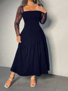 Viva Relle Große Größen Spitzen-Ärmel weit geschnittenes minimalistisches sexy Jumpsuit-Kleid - marineblau - Übersicht 3