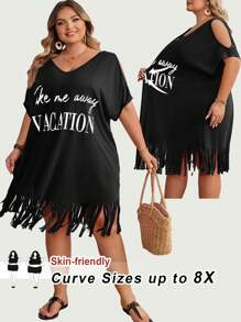 SHEIN CURVE+ Vestito da spiaggia con scollo a V, orlo con nappe e stampa grafica, per donne taglia comoda. Adatto per vacanze al mare, outfit da spiaggia, vestiti da spiaggia, abiti da cerimonia, da tè. - nero - Visualizzare 8