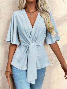 Chiquease 女式简约纯色纹理前系带衬衫，夏季 - 淺藍色 - 查看 4