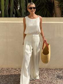 DAZY 2 件套女士纹理不对称领无袖上衣和裤子套装，春夏 - 白色 - 查看 7