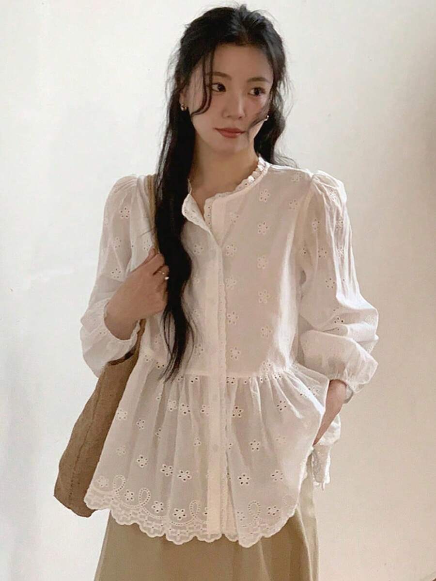 DAZY Women/Teen's Casual Solid Color Ruffle Hem Long Sleeve Blouse Fall